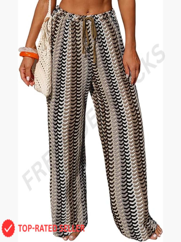 Crochet Drawstring Beach Cover Up Pants Boho Wide Leg Elastic Waist Swimsuit